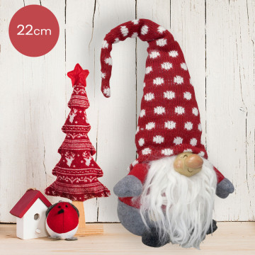 Handgemaakt Gnoom-mannetje met rood/wit gestipte muts - 22cm