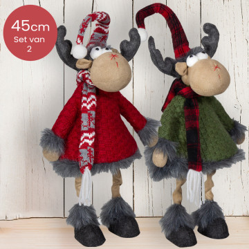 Handgemaakt Rendieren-duo met rood/groene jas en sierlijke sjaal/muts - 45(55)cm
