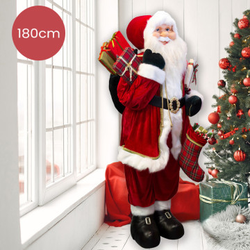 Rode handgemaakte Kerstman Leander levensgroot met kerstsok en cadeautjes - 180cm