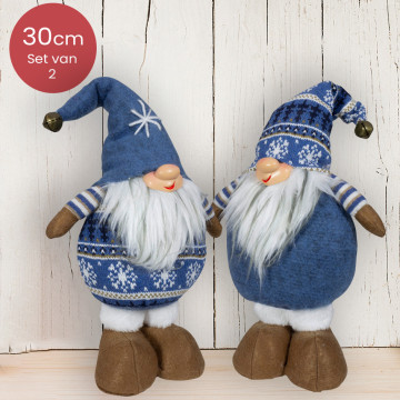 Blauwe handgemaakt Gnomen-duo met figuren en gestreepte mouwen - 30(45)cm