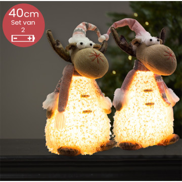 Roze Handgemaakte Rendieren-duo met LED verlichting - 40(55)cm