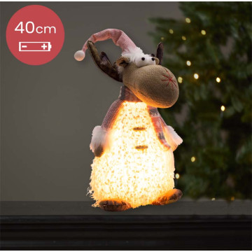 Handgemaakt Rendier met LED verlichting en roze muts - 40(55)cm