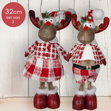 Handgemaakt staand Rendieren-duo met rood/wit geblokte broek/jurk - 32(40)cm