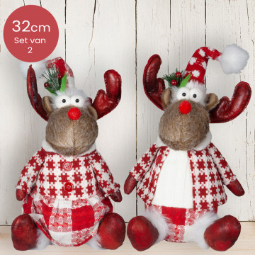 Handgemaakt zittende Rendieren-duo met rood/wit geblokte broek/jurk - 32(40)cm