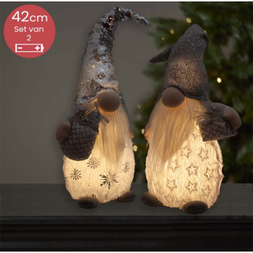 Handgemaakt wit Gnomen-duo met LED verlichting en zilver/grijze muts/tas - 42(65)cm