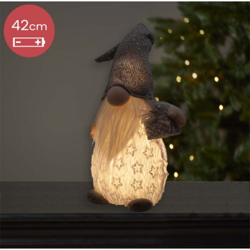 Handgemaakt witte Gnoom-figuur met LED verlichting en grijze muts - 42(65)cm