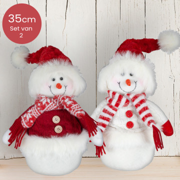 Donzige handgemaakt sneeuwpoppen duo rood/wit met witte en rode jas en knopen - 35(48)cm