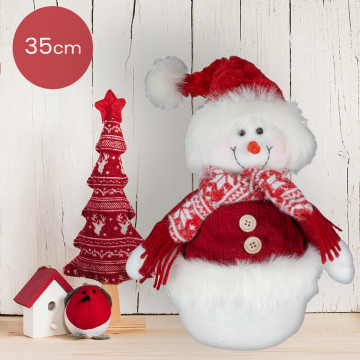 Donzige handgemaakt sneeuwpop rood/wit met rode jas en witte knopen - 35(48)cm