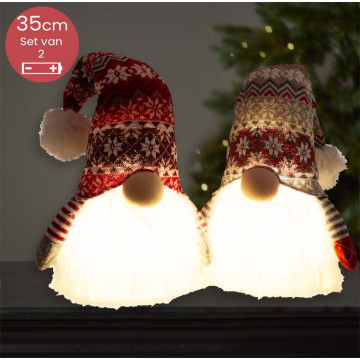 Handgemaakt wit Gnomen-duo met LED verlichting en sierlijke mutsen - 35(60)cm