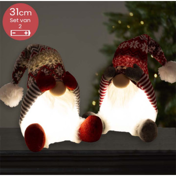Handgemaakt gestreepte Gnomen-duo met LED verlichting en handen voor de ogen - 31(51)cm