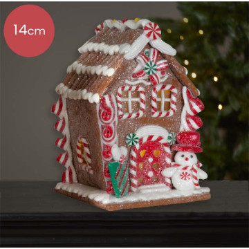 Bruin Peperkoekhuisje met sneeuwpop en cadeautje - 14cm