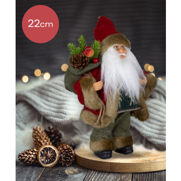 Handgemaakte Kerstman met grijze broek en juten zak op de rug - 22cm