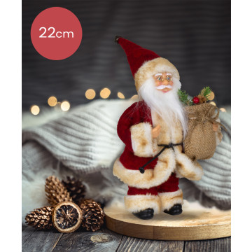 Handgemaakte Kerstman met Rood/witte kleding en juten zak onder de arm - 22cm
