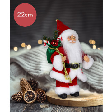 Handgemaakte Kerstman met rood/witte kleding en groene zak op de rug - 22cm