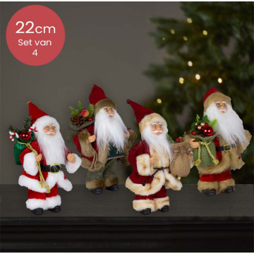 Handgemaakte Kerstmannen set van 4 met rode kleding en zak met versierende inhoud - 22cm