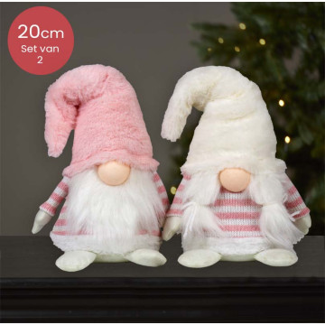 Allerliefst handgemaakt Gnomen-duo met donzige mutsen en roze/wit gestreepte truien - 20(40)cm