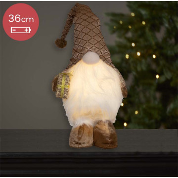 Handgemaakte bruine Gnoom met LED verlichting en cadeautje - 36(61)cm
