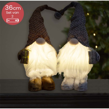 Handgemaakt Gnomen-duo bruin/grijs met LED verlichting en cadeautje - 36(61)cm