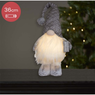Handgemaakte grijze Gnoom met LED verlichting en cadeautje - 36(61)cm