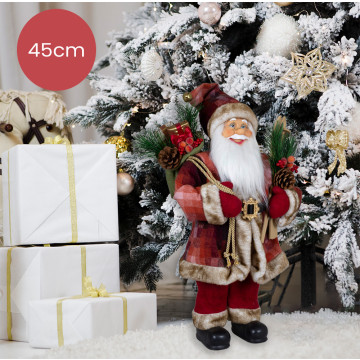 Vrolijke rode handgemaakte Kerstman Jacob met een zak vol cadeautjes en versiering - 45cm