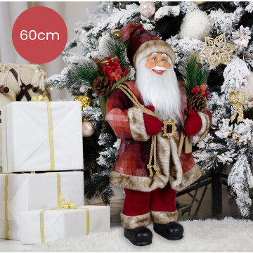Vrolijke rode handgemaakte Kerstman Jacob met een zak vol cadeautjes en versiering - 60cm