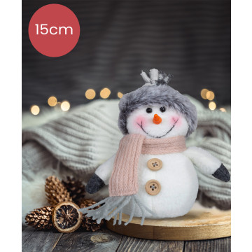 Moderne handgemaakt sneeuwpop wit met roze sjaal en knoopjes - 15(21)cm
