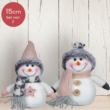 Moderne handgemaakt sneeuwpoppen duo wit met grijze en roze sjaal - 15(21)cm