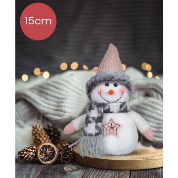 Moderne handgemaakt sneeuwpop wit met grijze sjaal en roze ster - 15(21)cm