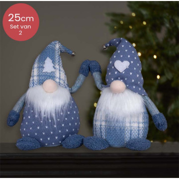Dromerig handgemaakt Gnomen-duo blauw - slaapmuts met hartje en kerstboom - 25(40)cm