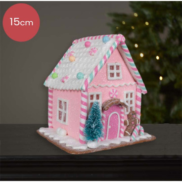 Roze Peperkoekhuisje versierd met sneeuw en snoepgoed - 15cm