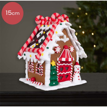 Bruin Peperkoekhuisje versierd met zuurstokken - sneeuwpop - kerstboom - 15cm