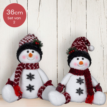 Klassiek handgemaakt sneeuwpoppen-duo rood/wit met grijze sneeuwvlokken - 36(50)cm