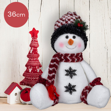 Klassiek handgemaakte sneeuwpop rood/wit met wit geblokte muts - 36(50)cm