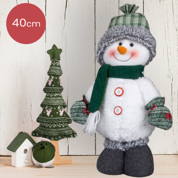Sierlijke handgemaakt sneeuwpop groen/wit met geblokte muts - 40(52)cm