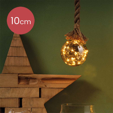 Kerstbal met jute touw en 15 LED lampjes - 10cm - Rook grijs 