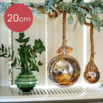 Kerstbal met jute touw en 40 LED lampjes - 20cm - Rook grijs 