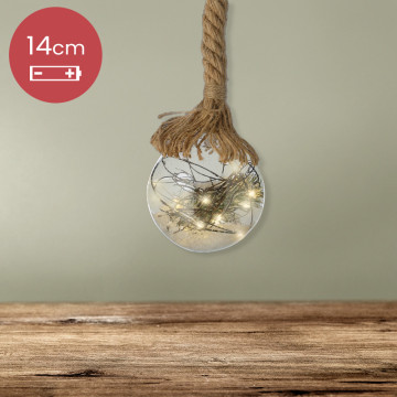 Kerstbal met jute touw en 30 LED lampjes - 14cm - Rook grijs 