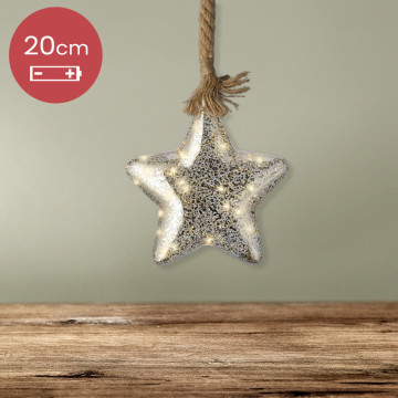 Kerstbal met jute touw en 40 LED lampjes - 20cm - Rook grijs 