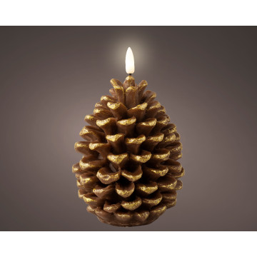 LED kaars dennenappel bruin/goud met vlam-effect ø10,5x15,6 cm