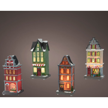 Set van 4 LED Kersthuisjes voor kerstdorp - 19 cm hoog