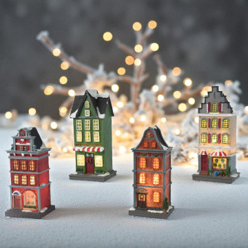 Set van 4 LED Kersthuisjes voor kerstdorp - 19 cm hoog