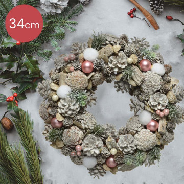 Decoratieve kerstkrans wit roze - Ø 34CM 