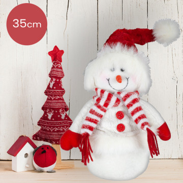 Donzige handgemaakt sneeuwpop rood/wit met witte jas en rode knopen - 35(48)cm