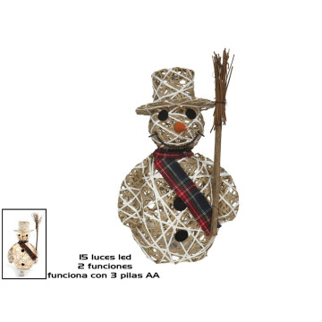Rieten Sneeuwpop met 15 warm witte LEDS - 46 cm