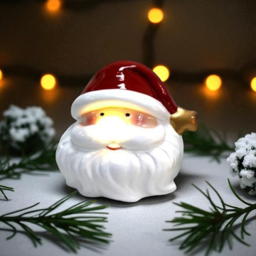Beeldje kerstman hoofd met verlichte neus - 10 cm