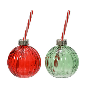 Set van 2 Drinkbekers - Rode en groene kerstbal met rietje