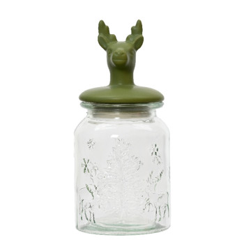 Glazen voorraadpot met groen rendier deksel - 23,5 cm hoog