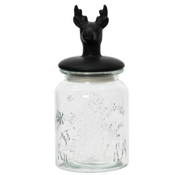 Glazen voorraadpot met zwart rendier deksel - 23,5 cm hoog