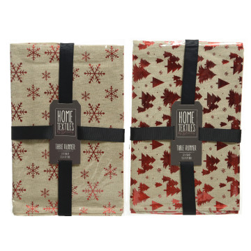 Set van 2 Kerst tafellopers met sneeuwvlokken en kerstbomen - 150 x 32 cm