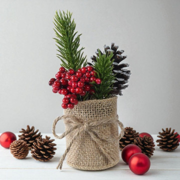 Micro kerststukje met rode besjes ø5x15 cm